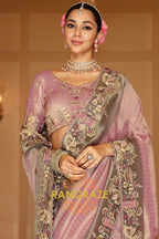 Lavender Elegance: Designer Embroidered Silk Saree