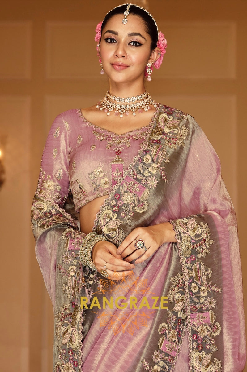 Lavender Elegance: Designer Embroidered Silk Saree