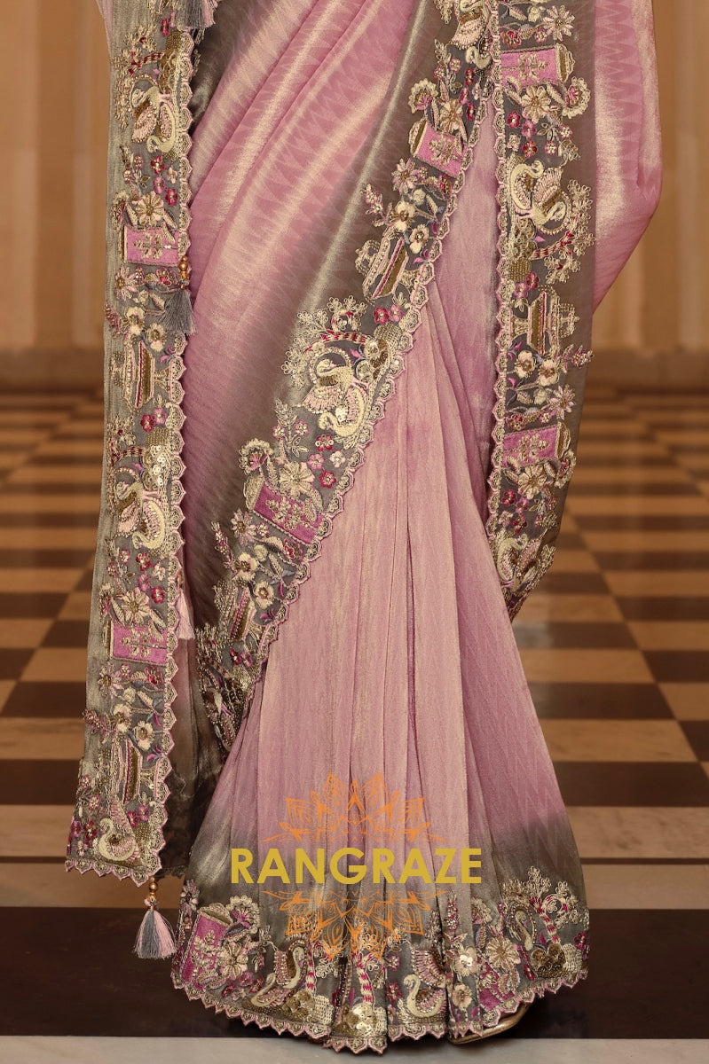 Lavender Elegance: Designer Embroidered Silk Saree