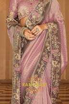 Lavender Elegance: Designer Embroidered Silk Saree