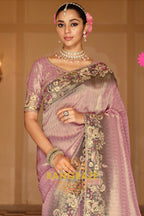 Lavender Elegance: Designer Embroidered Silk Saree