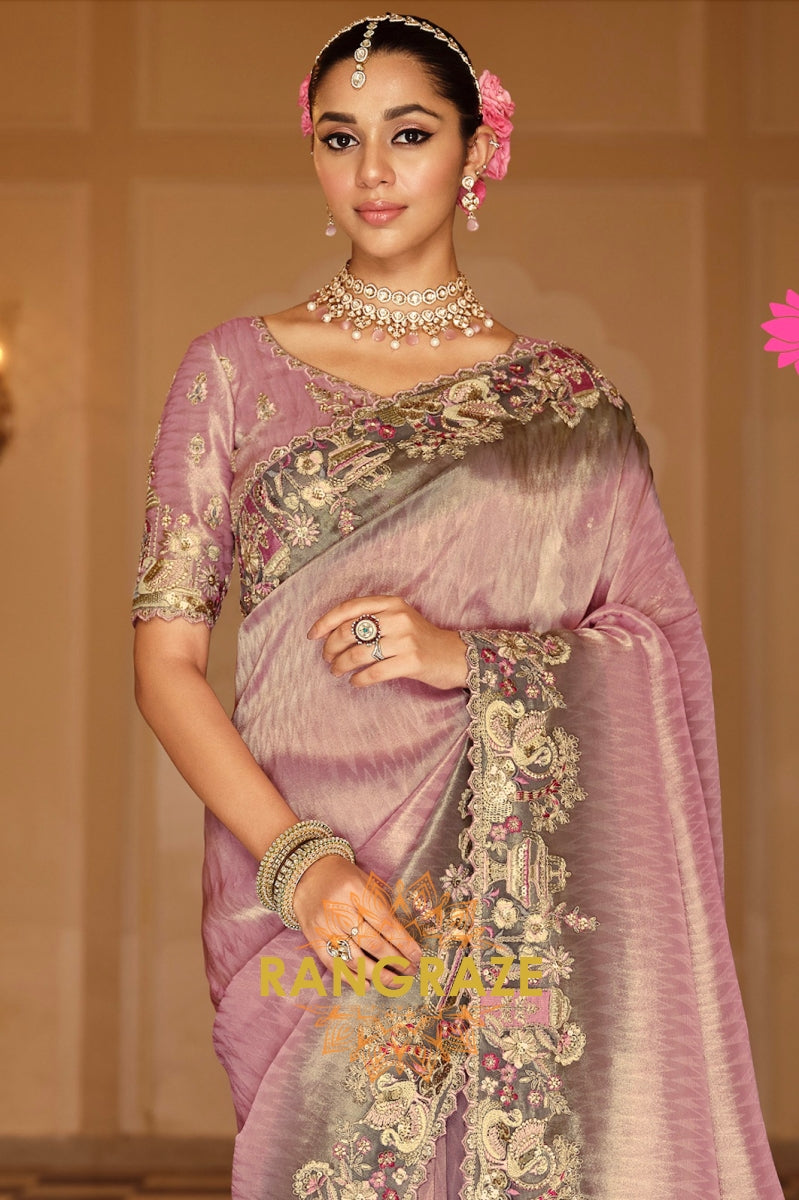 Lavender Elegance: Designer Embroidered Silk Saree