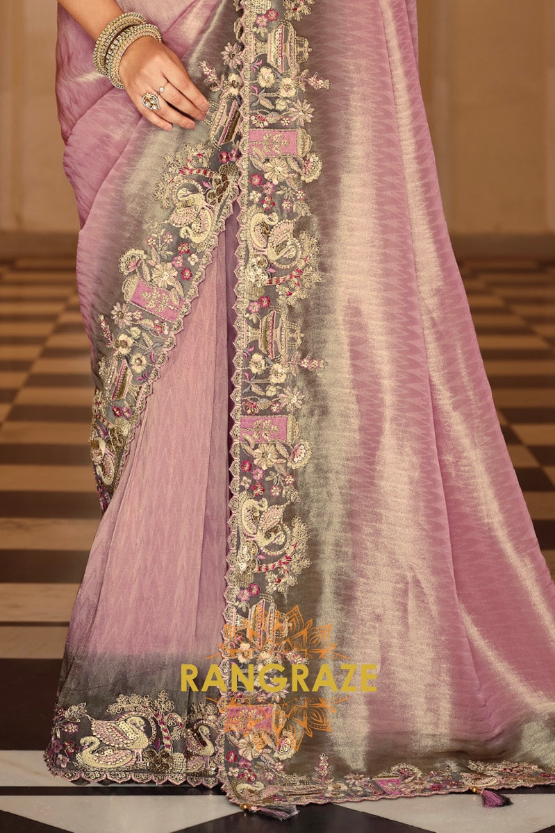 Lavender Elegance: Designer Embroidered Silk Saree