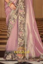 Lavender Elegance: Designer Embroidered Silk Saree