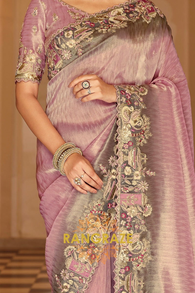 Lavender Elegance: Designer Embroidered Silk Saree