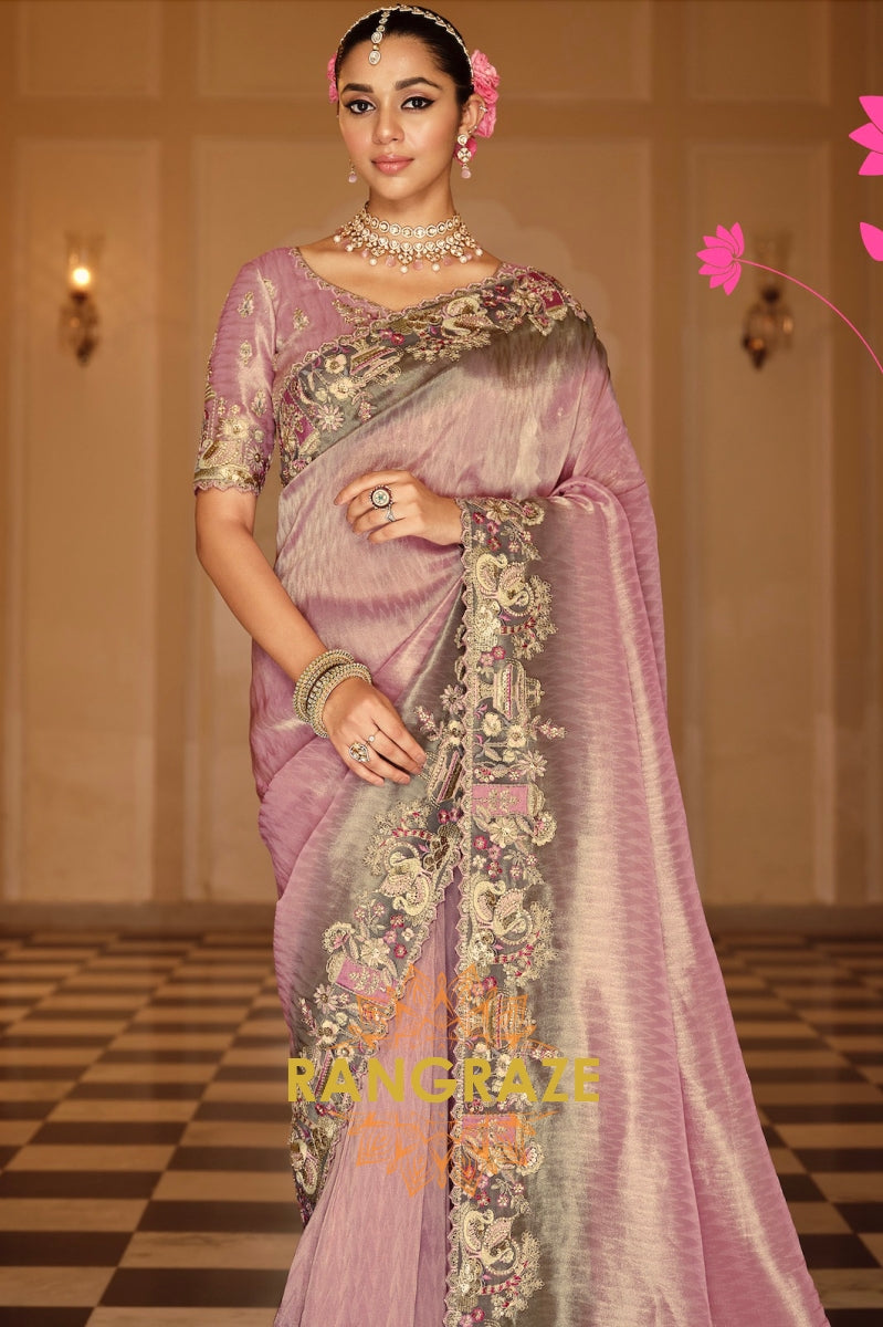 Lavender Elegance: Designer Embroidered Silk Saree