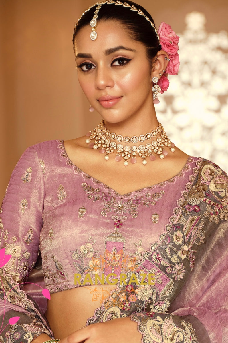 Lavender Elegance: Designer Embroidered Silk Saree