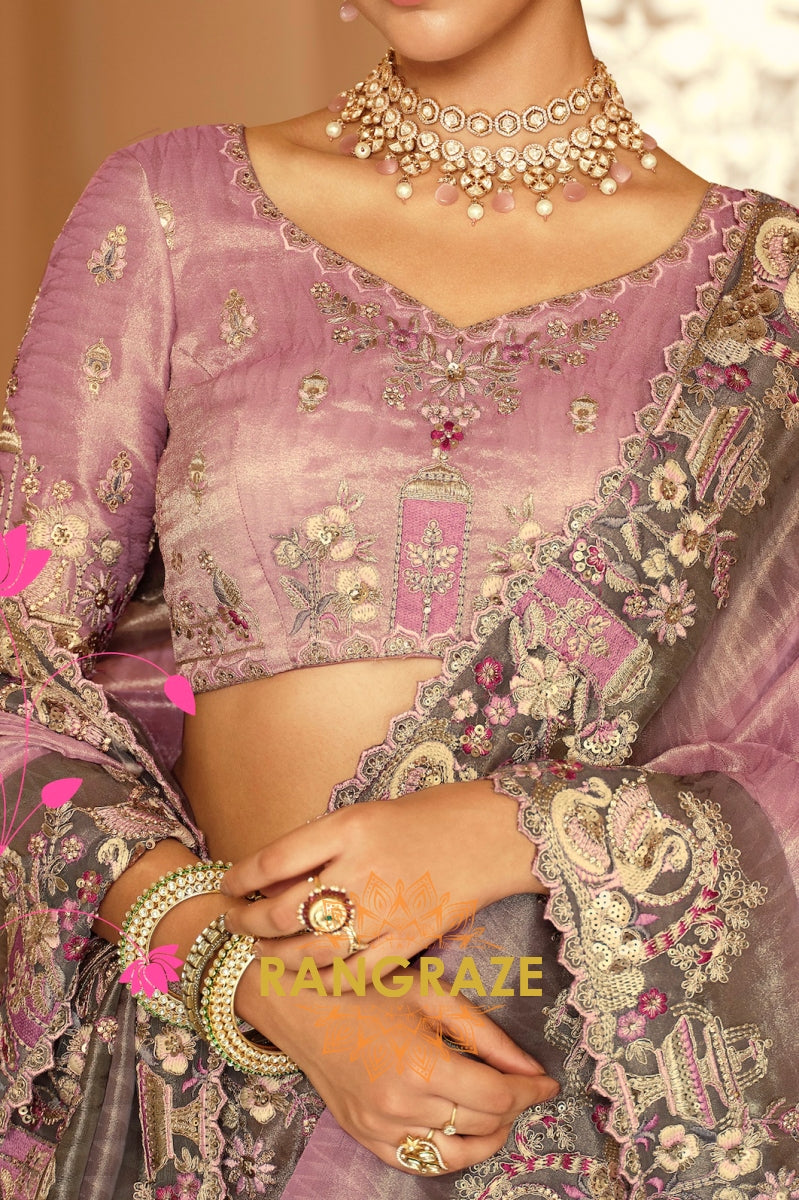 Lavender Elegance: Designer Embroidered Silk Saree