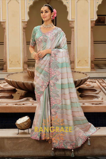 Ethereal Pastel Bloom: Designer Embroidered Silk Saree