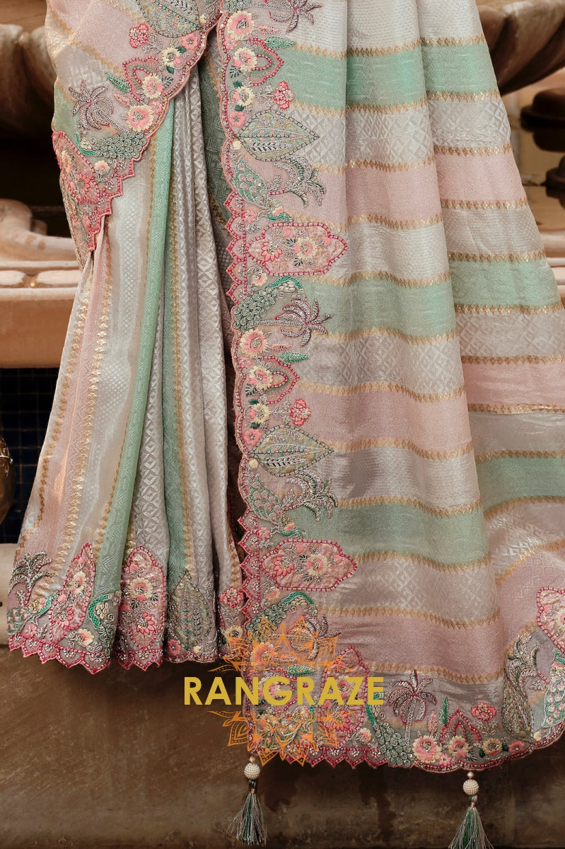 Ethereal Pastel Bloom: Designer Embroidered Silk Saree