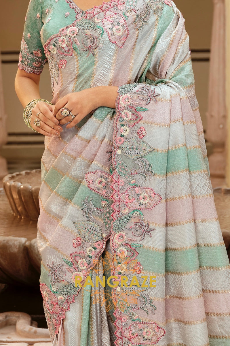 Ethereal Pastel Bloom: Designer Embroidered Silk Saree