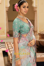 Ethereal Pastel Bloom: Designer Embroidered Silk Saree