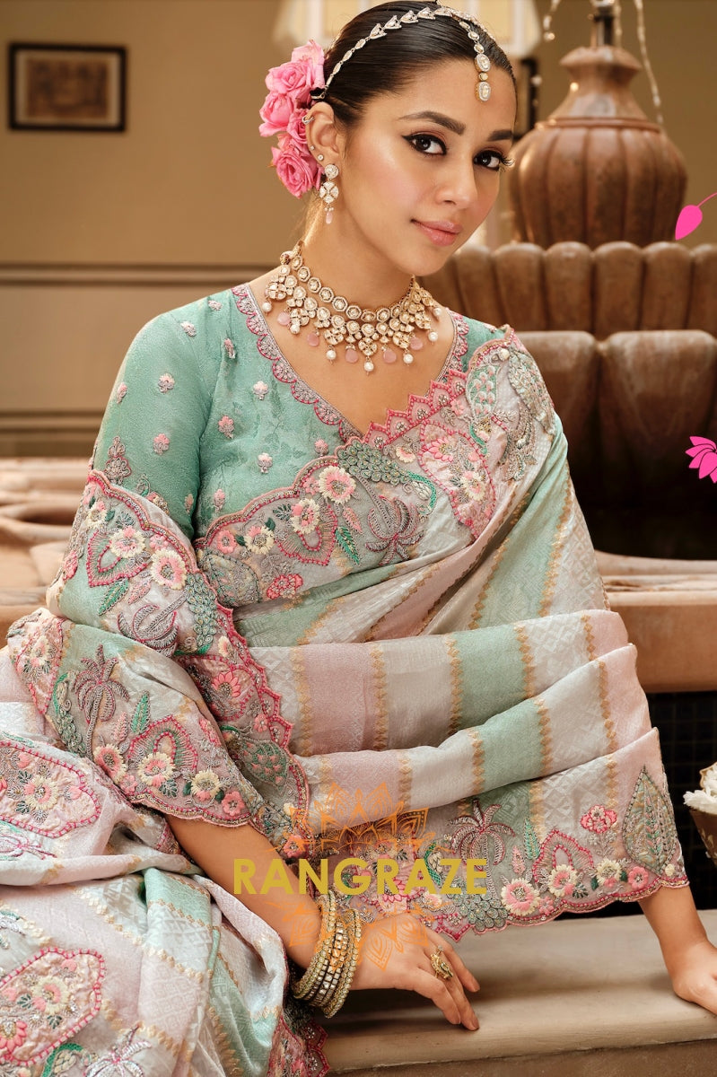 Ethereal Pastel Bloom: Designer Embroidered Silk Saree