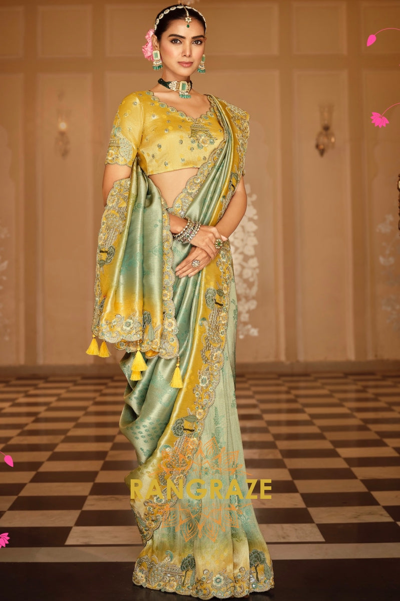 Emerald Sunrise Bloom: Designer Embroidered Silk Saree
