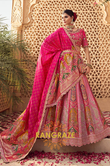 Pink Banarasi Silk Lehenga with Rani Pink Bandhani Dupatta