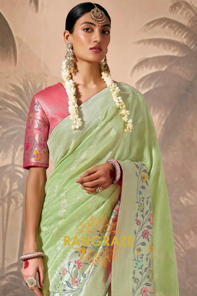 Mint Blossom: Designer Silk Saree