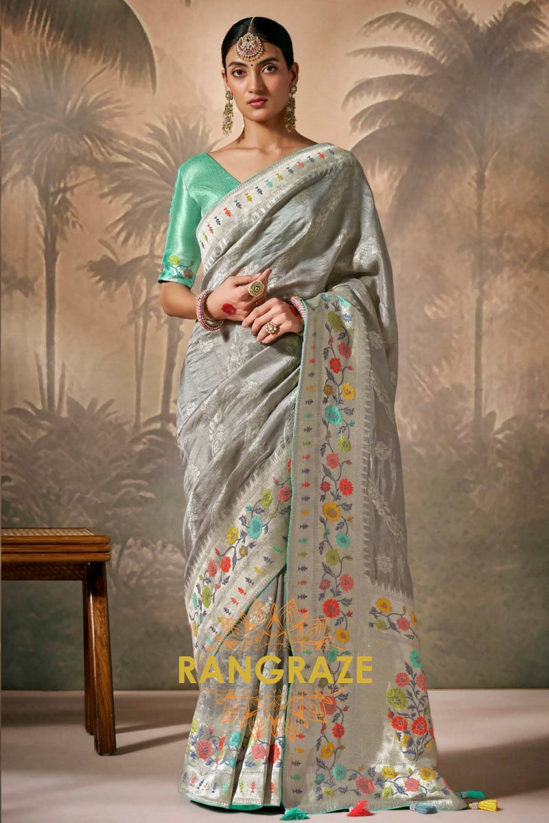 Silver Mist: Designer Silk Saree