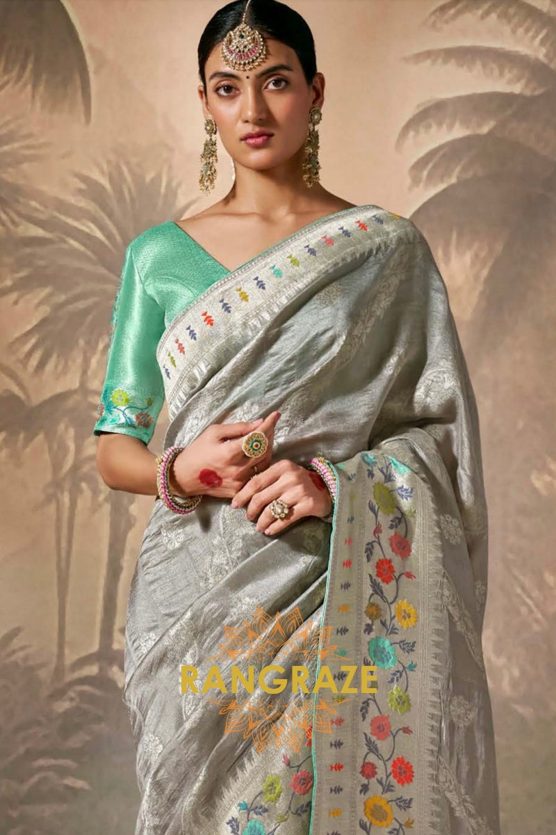 Silver Mist: Designer Silk Saree