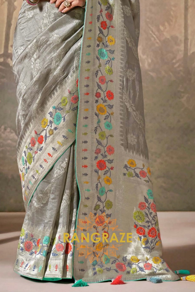 Silver Mist: Designer Silk Saree