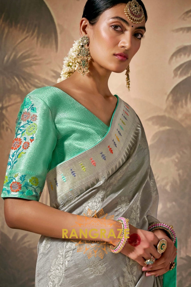 Silver Mist: Designer Silk Saree