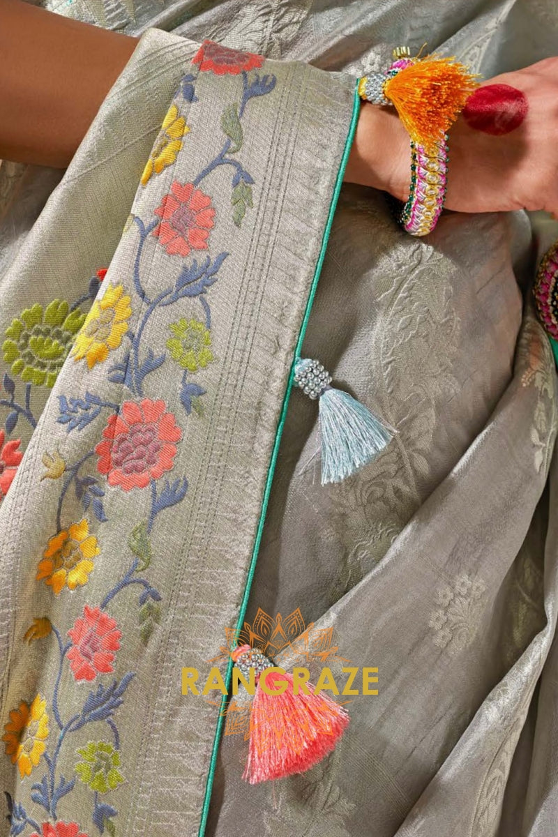 Silver Mist: Designer Silk Saree