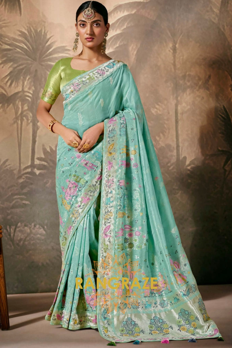 Aqua Serenity: Designer Silk Saree