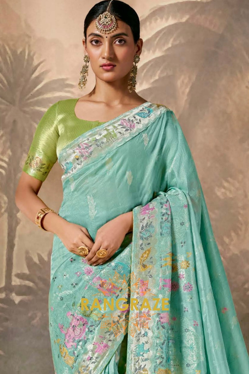 Aqua Serenity: Designer Silk Saree