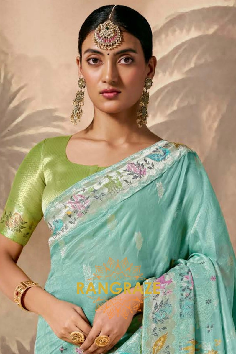 Aqua Serenity: Designer Silk Saree