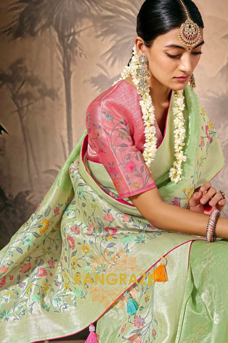 Mint Blossom: Designer Silk Saree