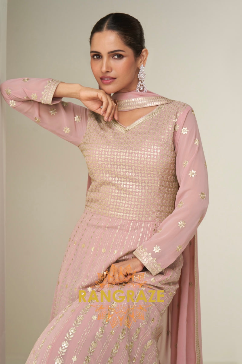 Blush Pink Sequined Georgette Anarkali Gown Suit Set