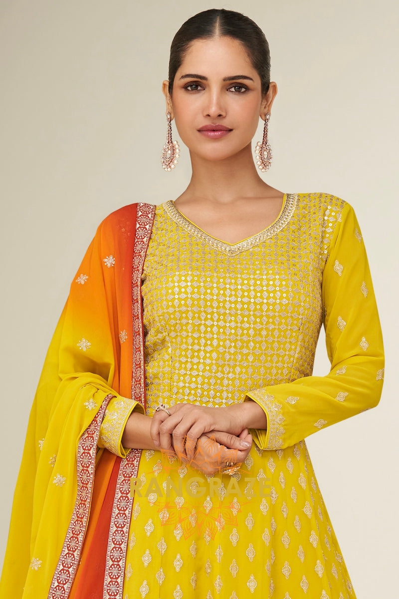 Sunshine Yellow Ombre Georgette Anarkali Gown Suit with Dupatta