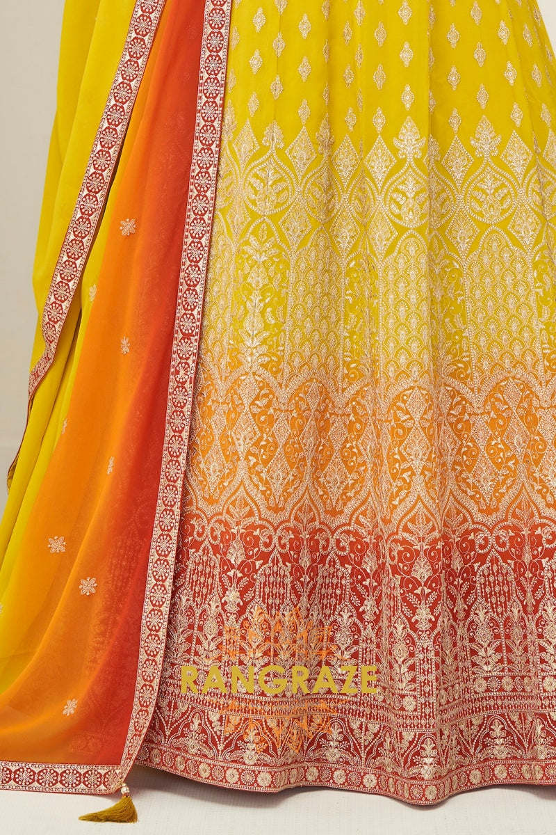 Sunshine Yellow Ombre Georgette Anarkali Gown Suit with Dupatta