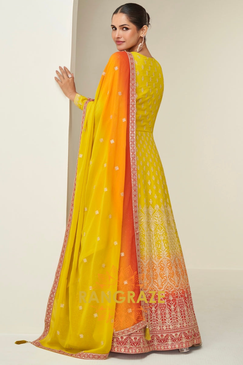 Sunshine Yellow Ombre Georgette Anarkali Gown Suit with Dupatta