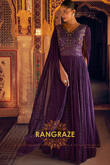 Regal Plum Embellished Georgette Gown