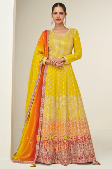 Sunshine Yellow Ombre Georgette Anarkali Gown Suit with Dupatta