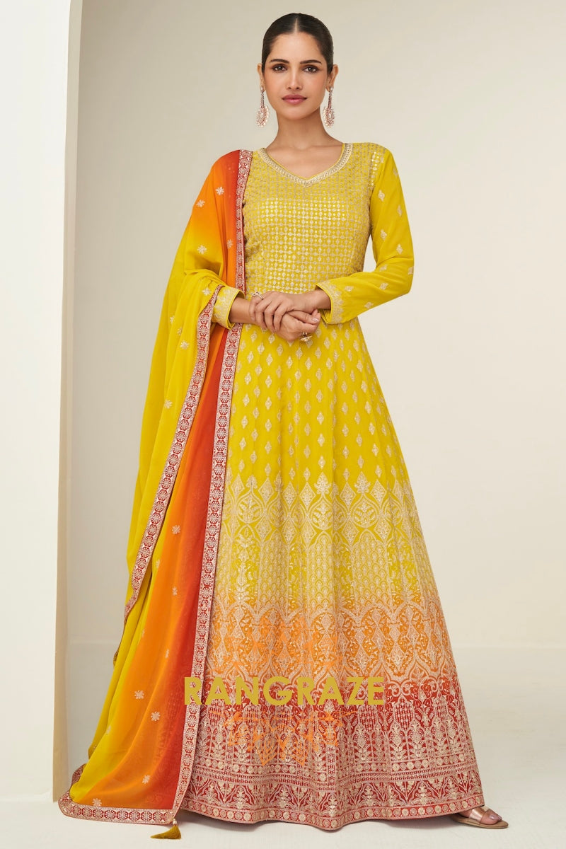Sunshine Yellow Ombre Georgette Anarkali Gown Suit with Dupatta
