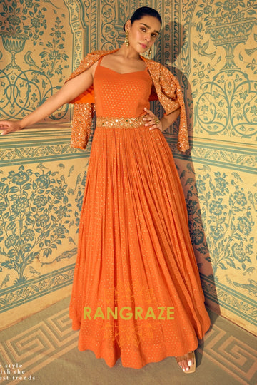 Tangerine Glow Georgette Gown Suit with Embroidered Jacket