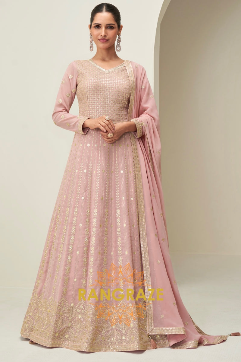 Blush Pink Sequined Georgette Anarkali Gown Suit Set
