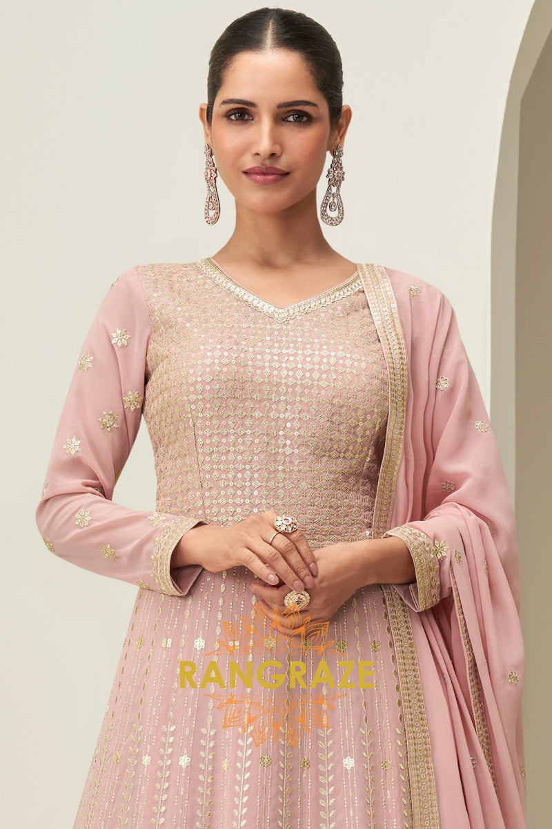 Blush Pink Sequined Georgette Anarkali Gown Suit Set