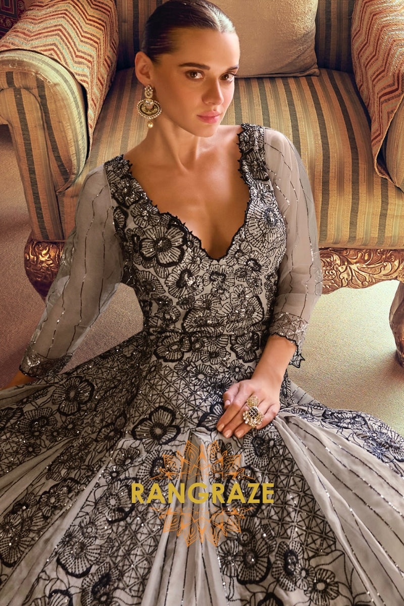 Noir Bloom Premium Georgette Embroidered Suit Gown