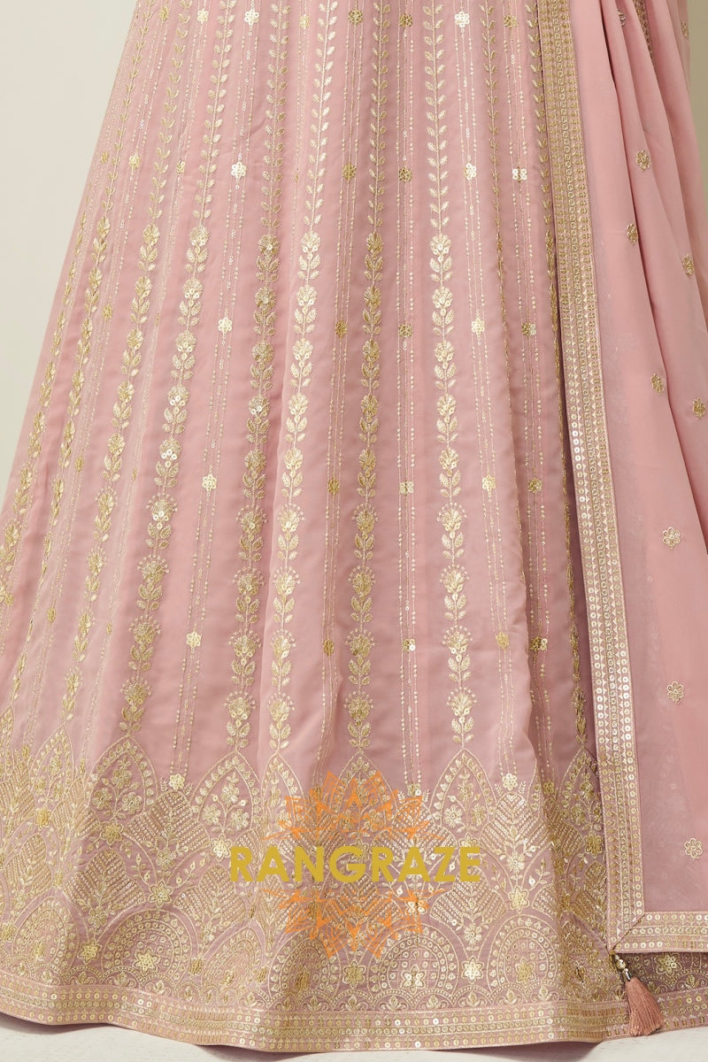 Blush Pink Sequined Georgette Anarkali Gown Suit Set