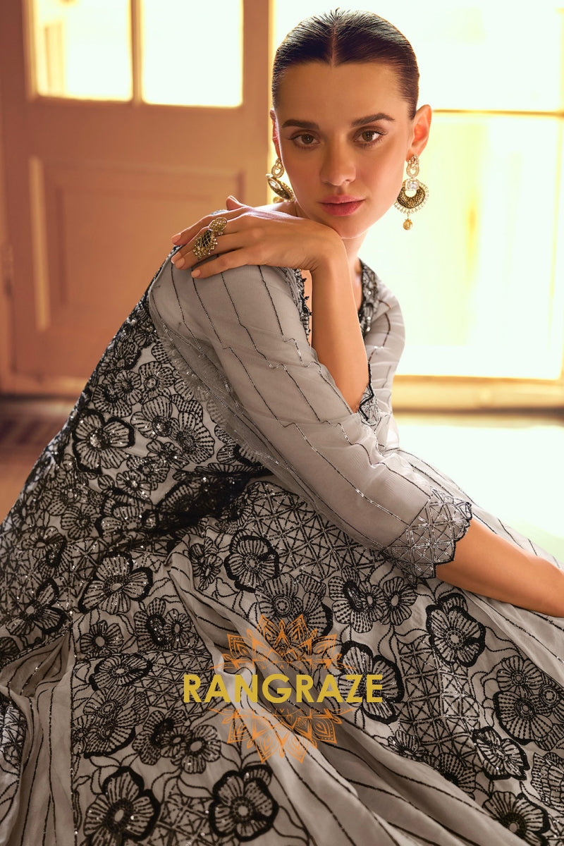 Noir Bloom Premium Georgette Embroidered Suit Gown