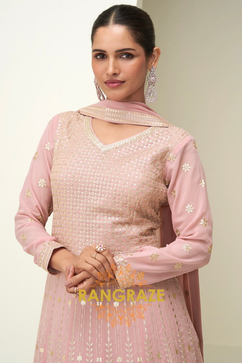Blush Pink Sequined Georgette Anarkali Gown Suit Set