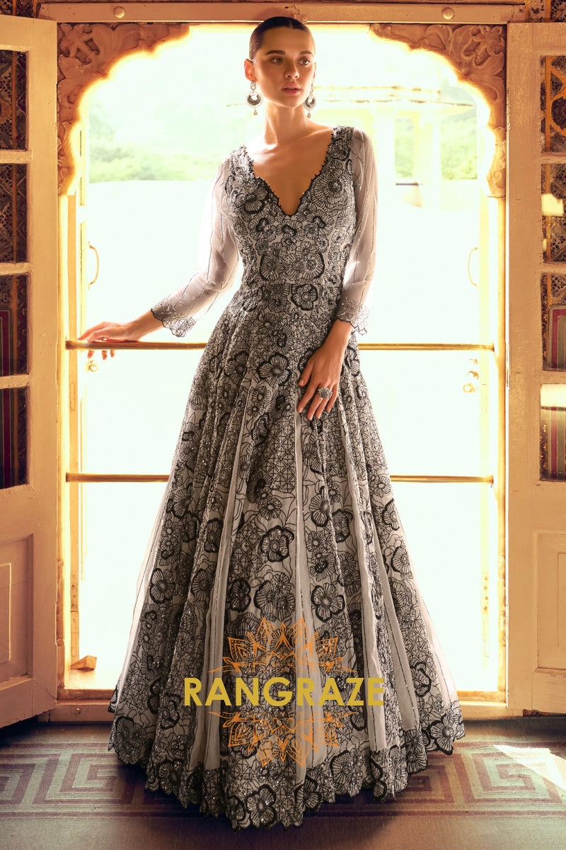 Noir Bloom Premium Georgette Embroidered Suit Gown