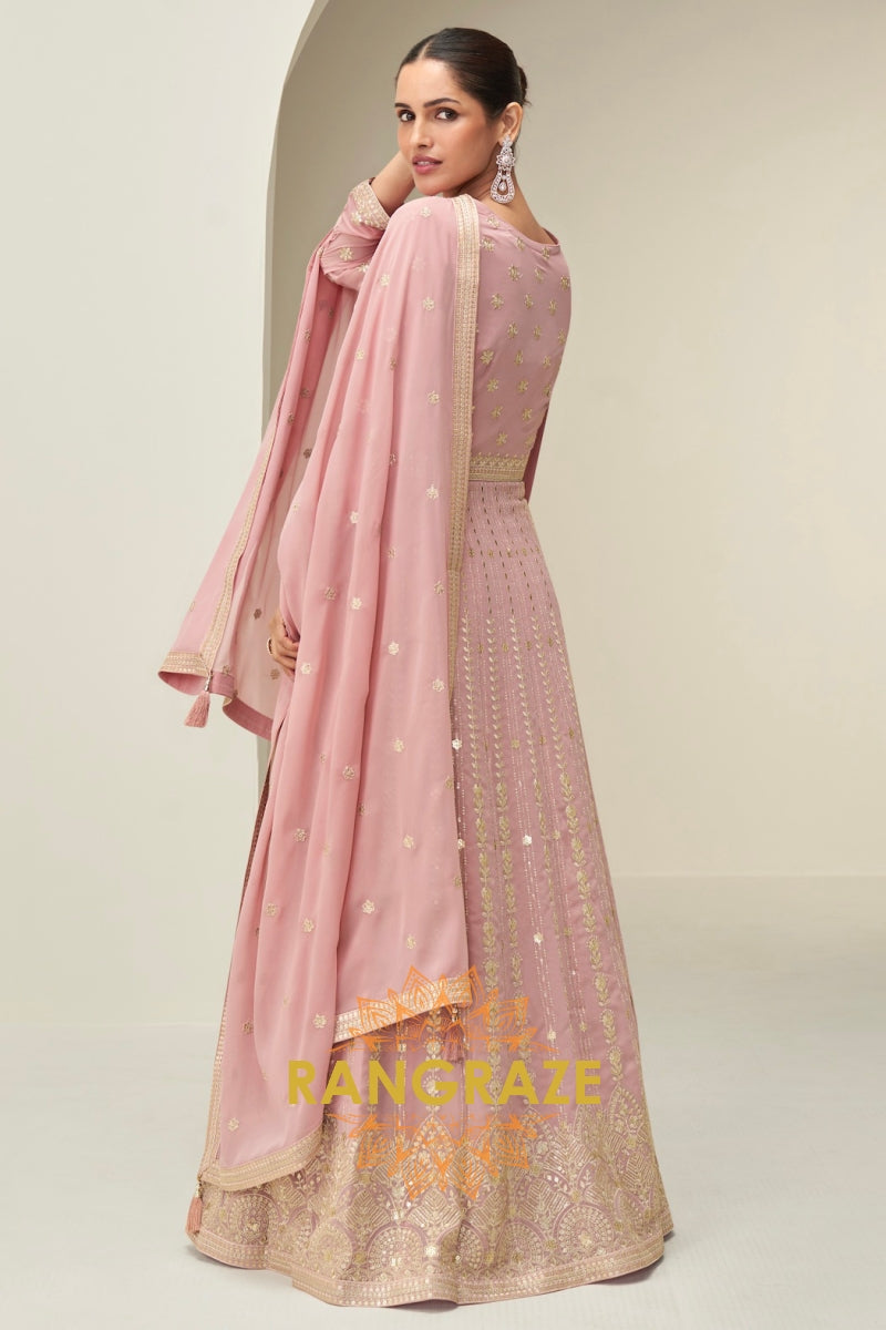 Blush Pink Sequined Georgette Anarkali Gown Suit Set