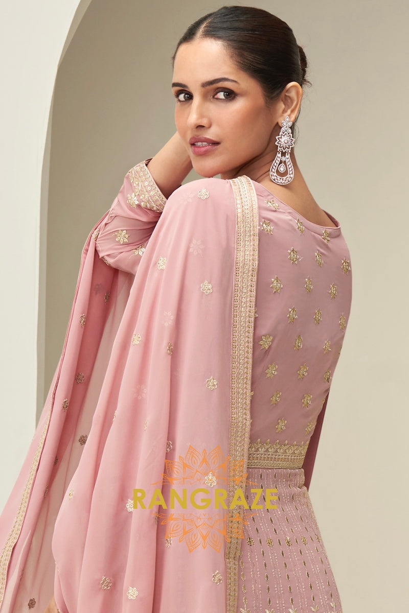 Blush Pink Sequined Georgette Anarkali Gown Suit Set