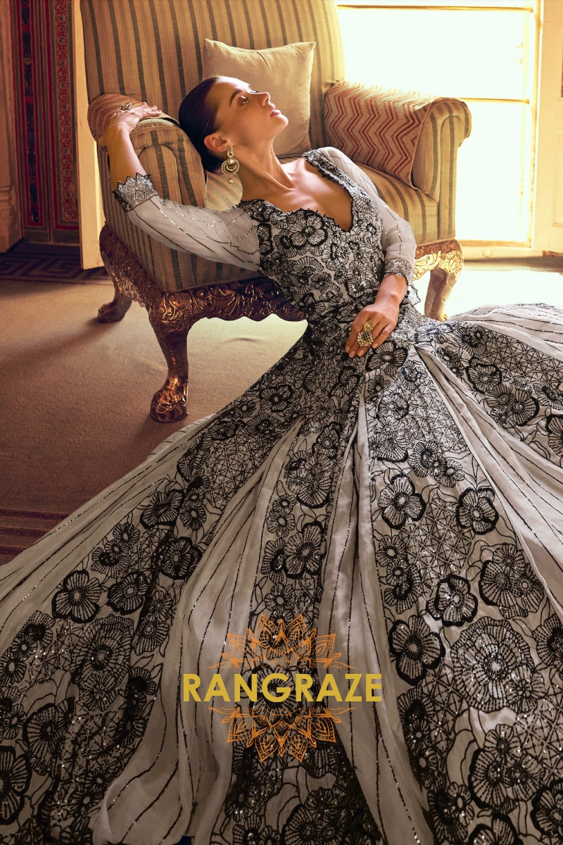 Noir Bloom Premium Georgette Embroidered Suit Gown