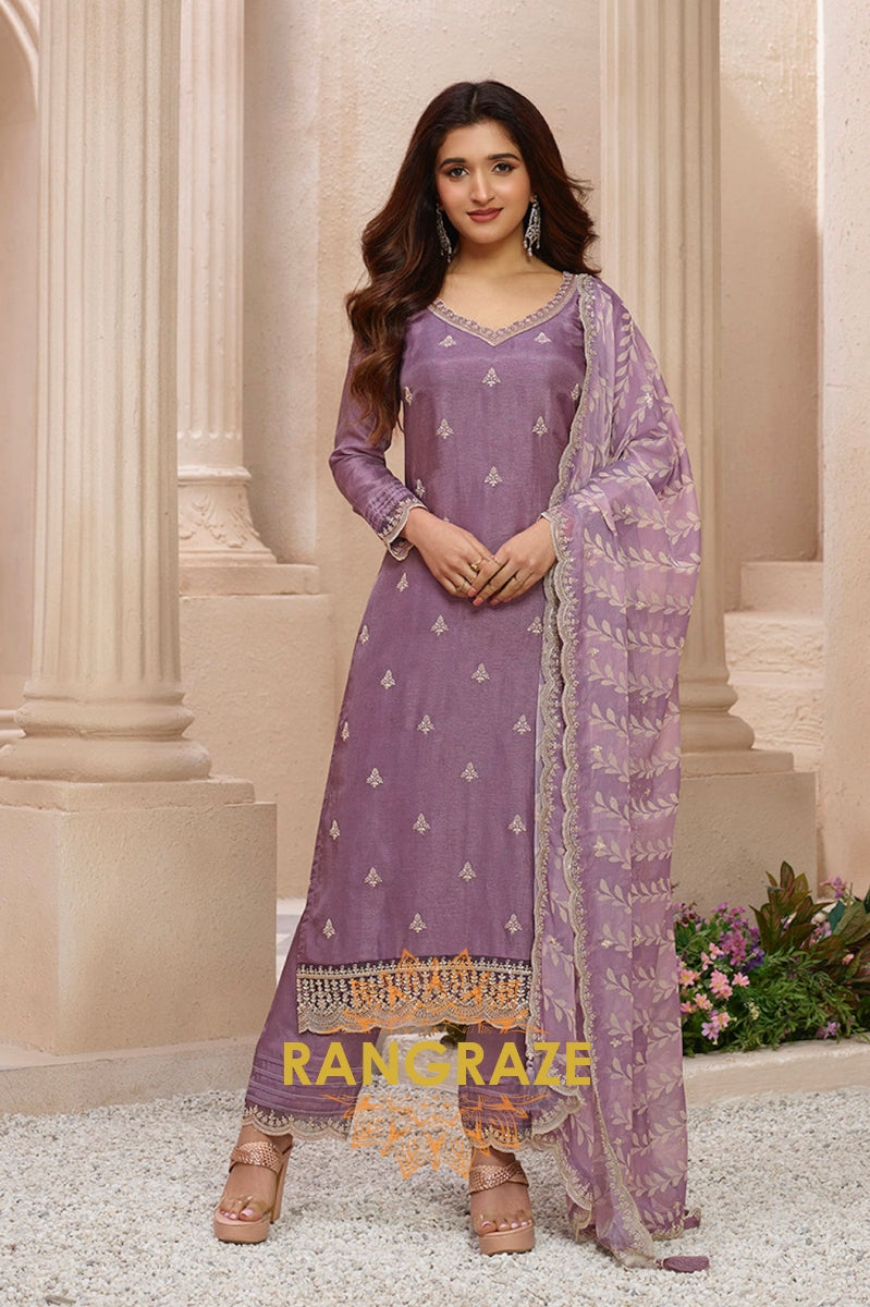 Lavender Cutwork Neckline Dola Silk Kurta Suit Set with Lehariya Dupatta