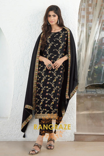 Midnight Black Meena Jacquard Stitched Kurta Suit Set