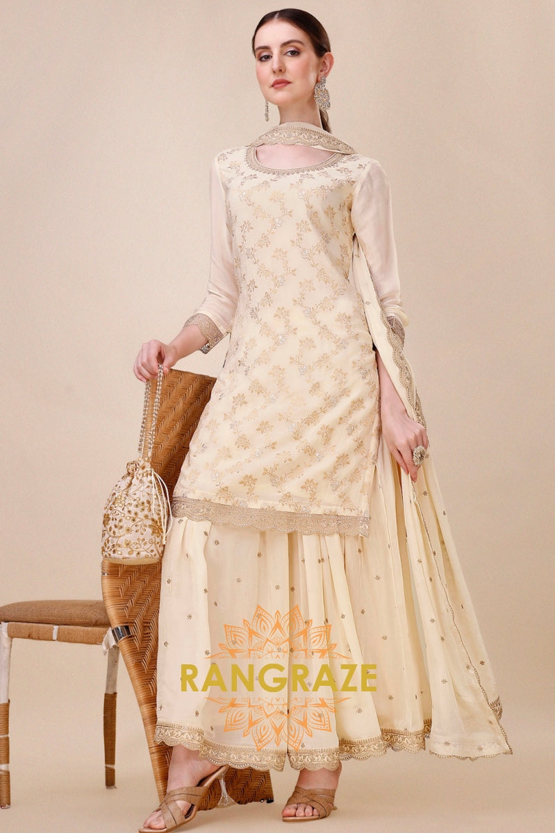 Off-White Jacquard Jaal Work Stitched Sharara Set